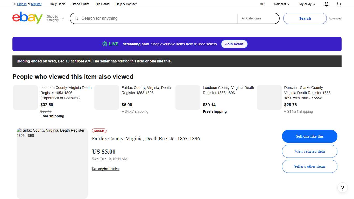 Fairfax County, Virginia, Death Register 1853-1896 eBay