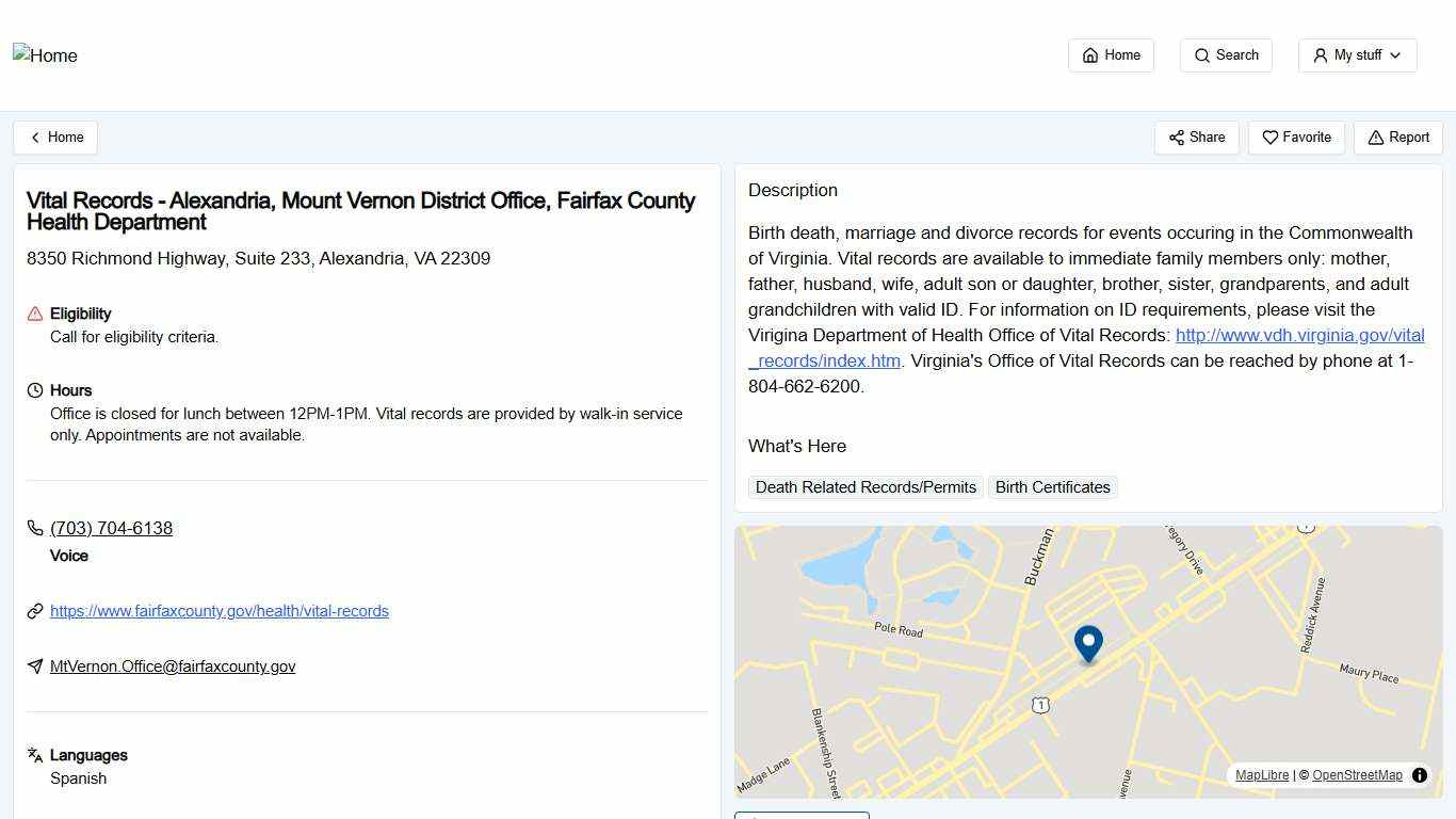 Vital Records - Alexandria, Mount Vernon District Office, Fairfax County Health Department